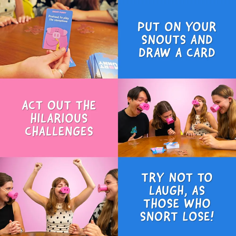 How to play Snort Funny - draw a card, act it out, try not to laugh